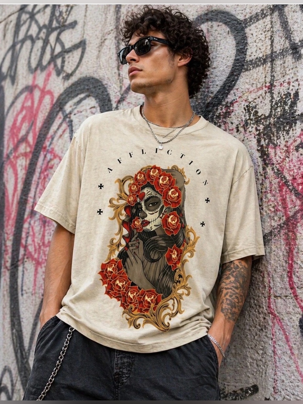 Affliction Black Label Soul Reborn Graphic Tee NWT Large Skull Roses